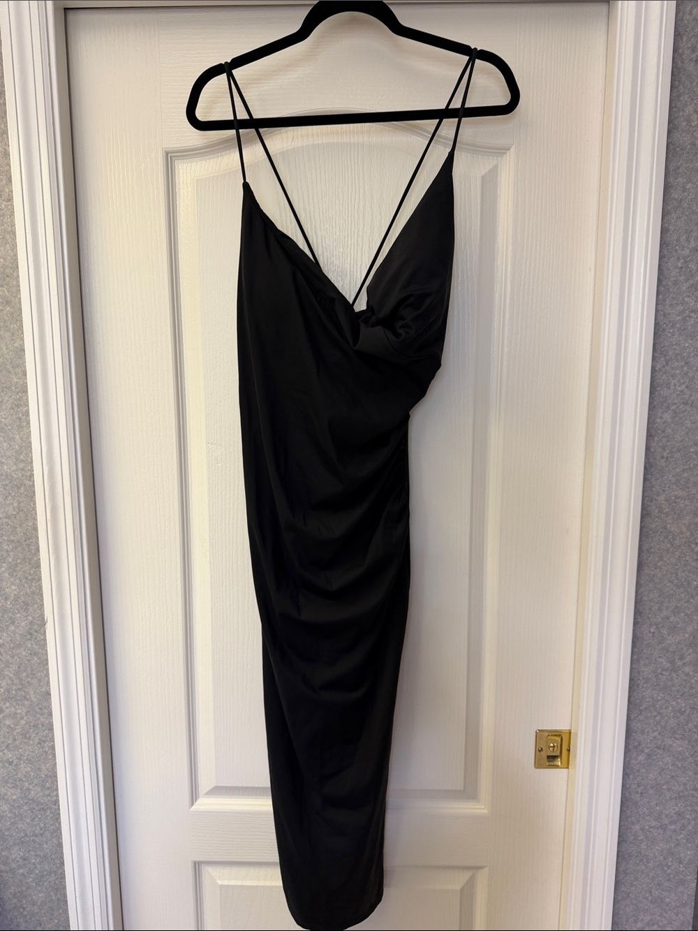 HALARA Black Midi Slip Dress with Lace Up Spaghetti Straps and Front Slit